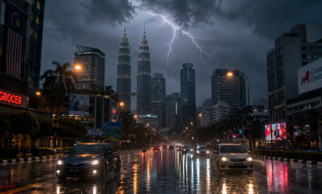 Foto suasana jalan raya Malaysia ketika hujan lebat dan petir