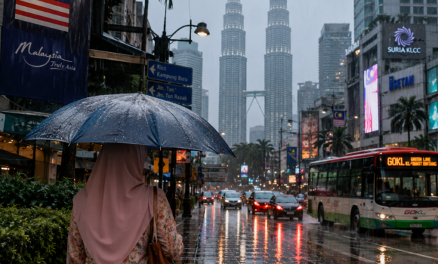 Seorang wanita berjalan menyusuri jalan bandar di bawah payung ketika hujan mencurah-curah